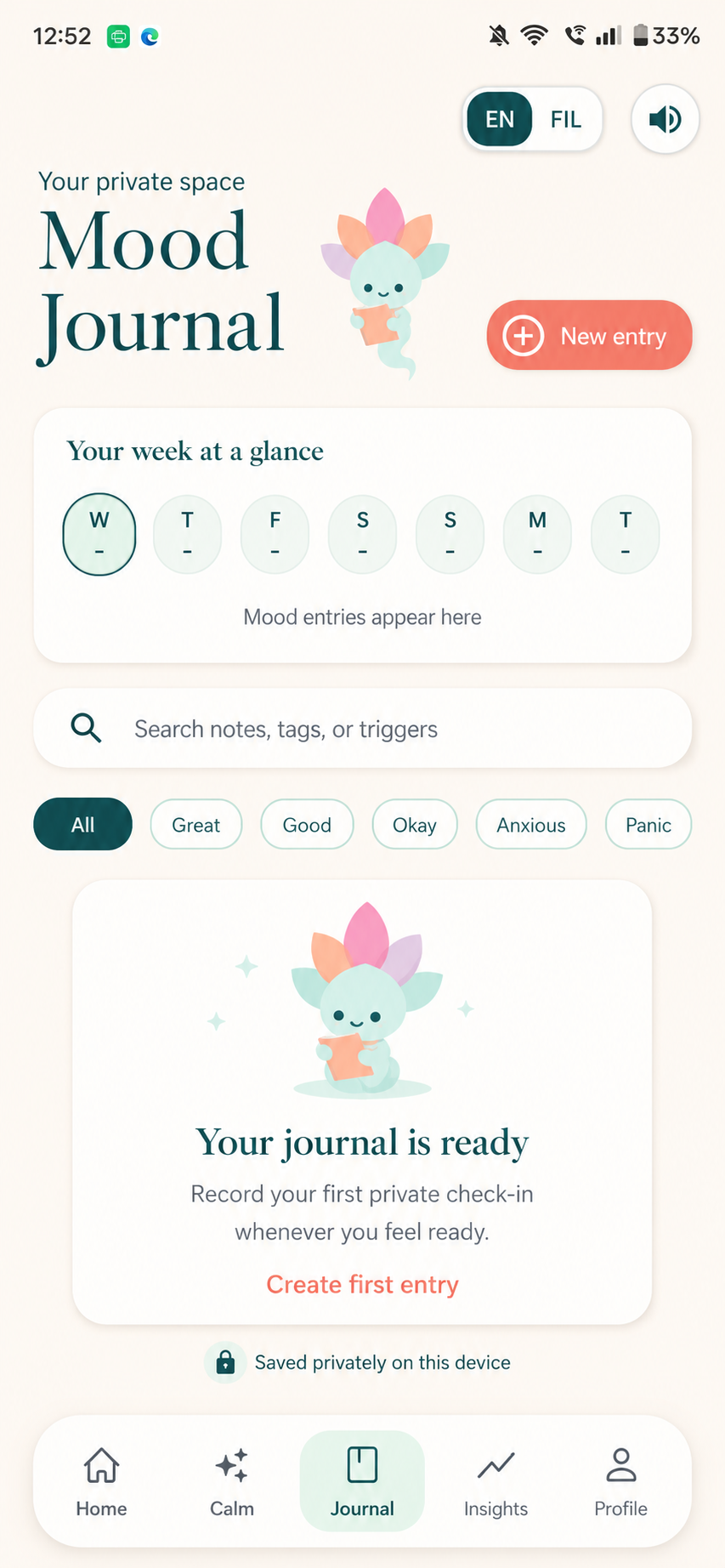 Private journaling screen in the CalmSpace app