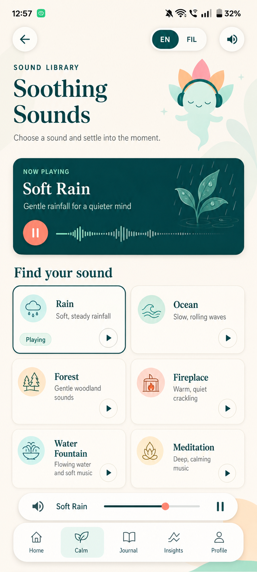 Soothing sounds screen in the CalmSpace app